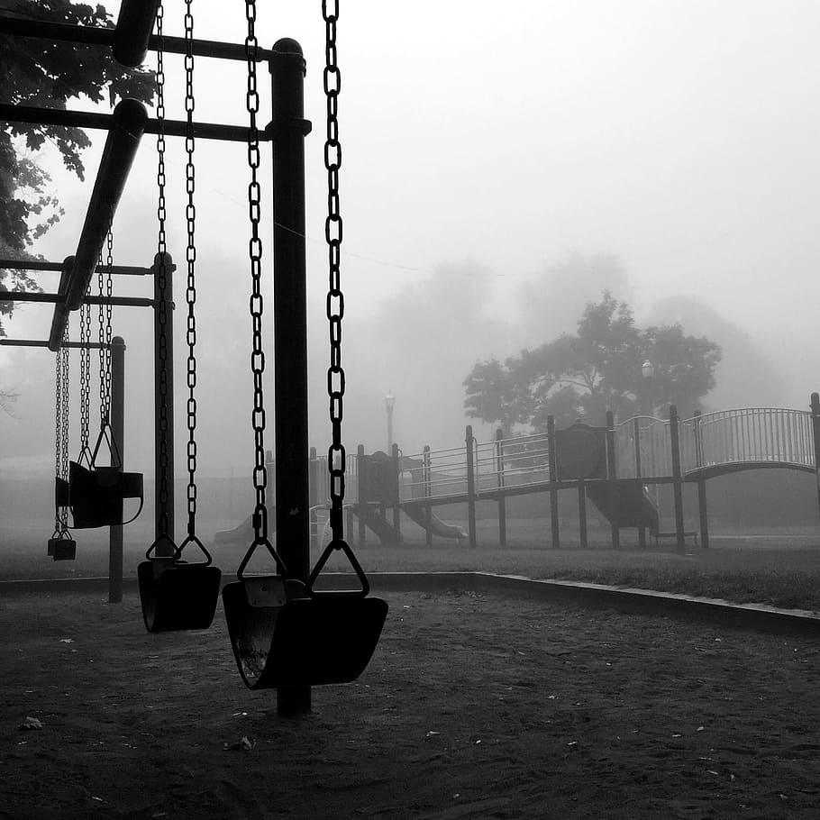 Black Metal Swing, black and white, chains, daylight, fog, foggy, HD wallpaper