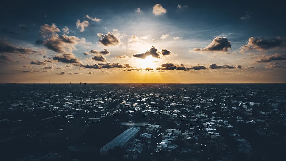 Aerial View Photography Of City , backlit, clouds, dawn, sky HD wallpaper