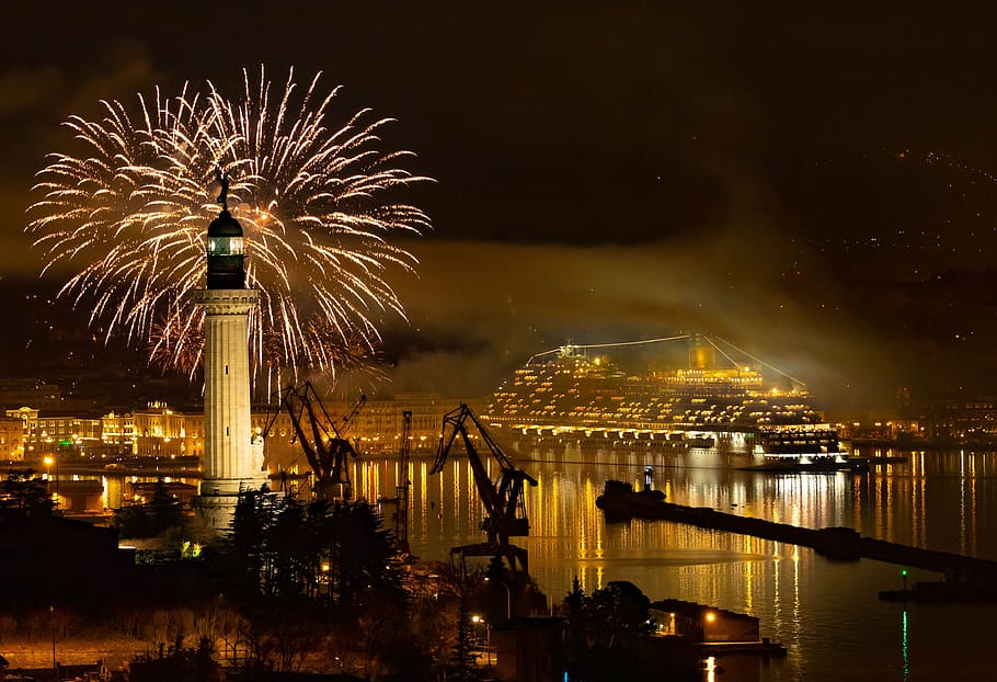trieste, baptism, coast venice, fireworks, night, illuminated HD wallpaper