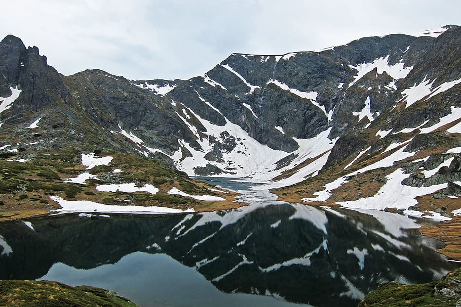 mountain lake, snow, spring, alpine, landscape, water, nature HD wallpaper