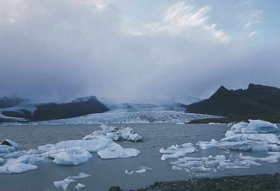 ice berg on water under white sky, nature, mountain, outdoors, HD wallpaper