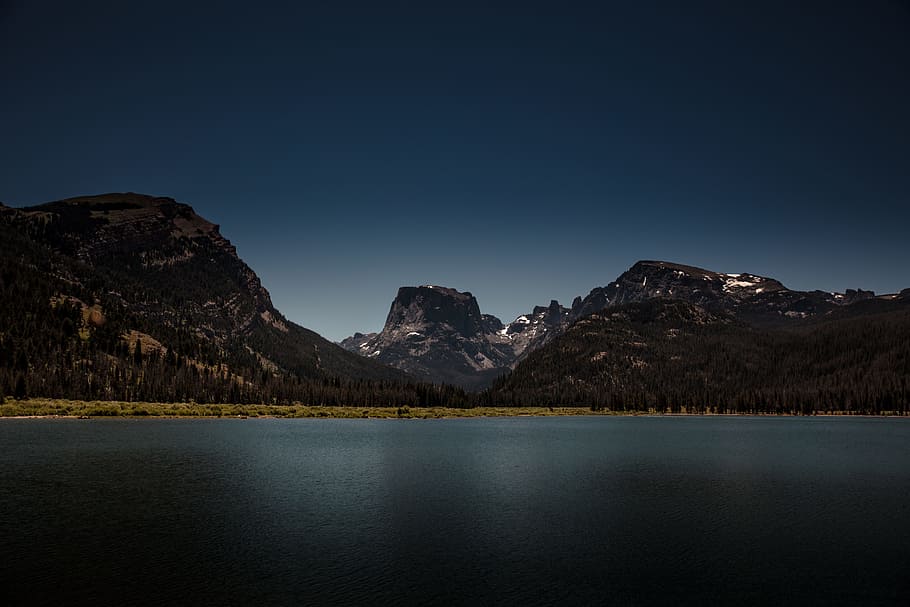 trees covered mountains near body of water during nighttime, lake HD wallpaper