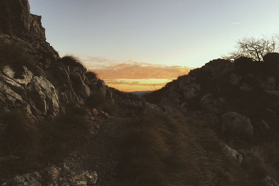 rock, tree, europe, sunset, ancient, mountain, klek, hill, sky HD wallpaper