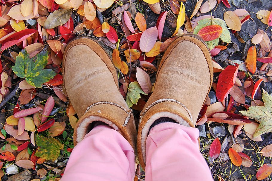Person in Brown Sheepskin Boots and Pink Pants Standing on Leaf Covered Ground