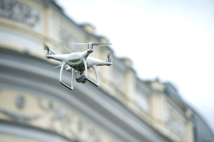 White Drone Quadcopter, camera, flying, macro, technology, selective focus HD wallpaper