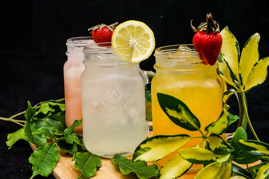 three mason jars, beverage, drink, lemonade, fruit, orange, plant HD wallpaper