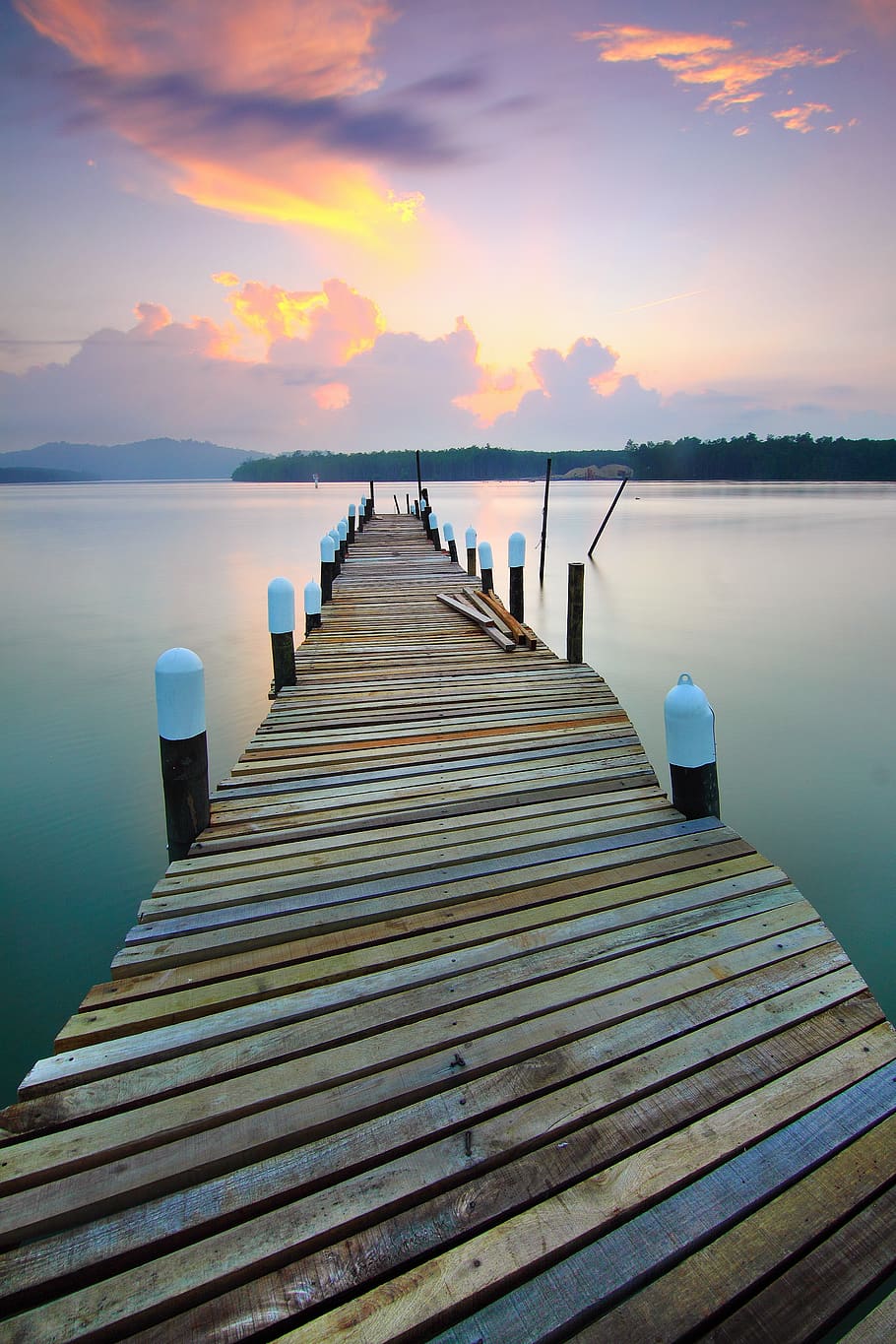 Brown Wooden Dock Beside Body of Water, clouds, jetty, landscape HD wallpaper