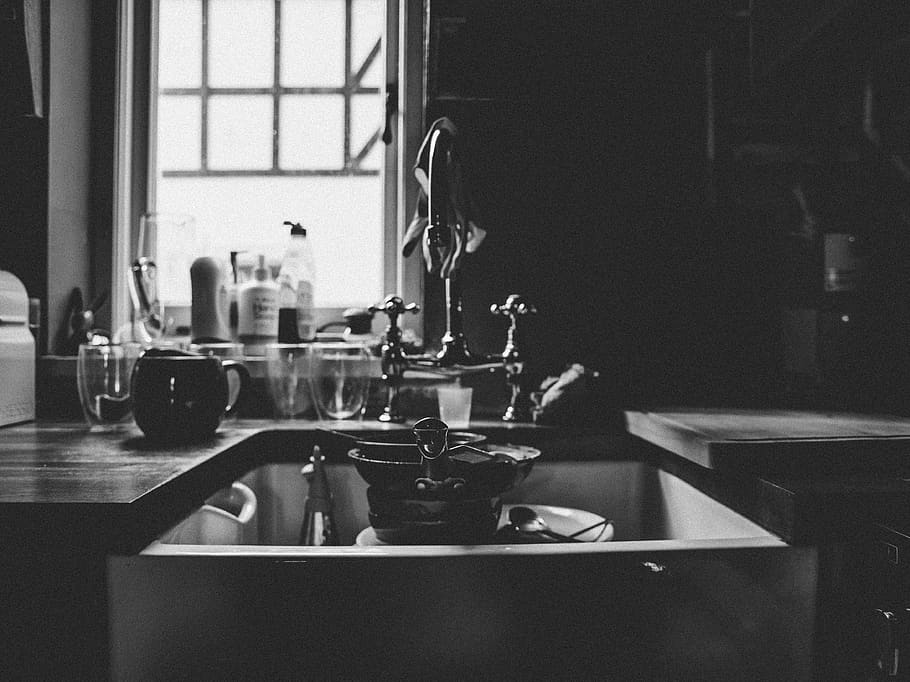 Greyscale Phoro of Sink, counter, dirty, faucet, furniture, glassware, HD wallpaper