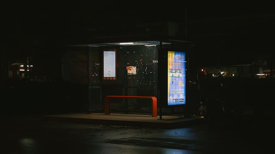 street, urban, night, bus stop, lonely, rain, wet, light, dark