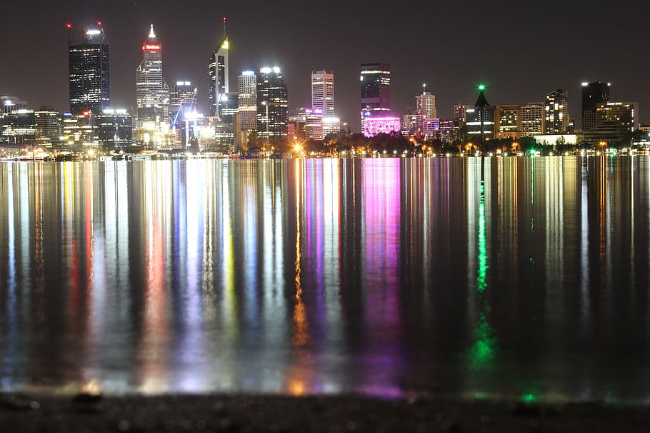 australia, perth, skyline, illuminated, reflection, night, architecture HD wallpaper
