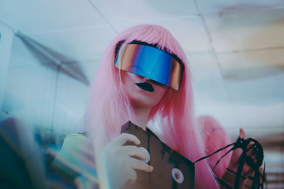 woman holding brown VHS, cyberpunk, reflection, sun glass, lipstick