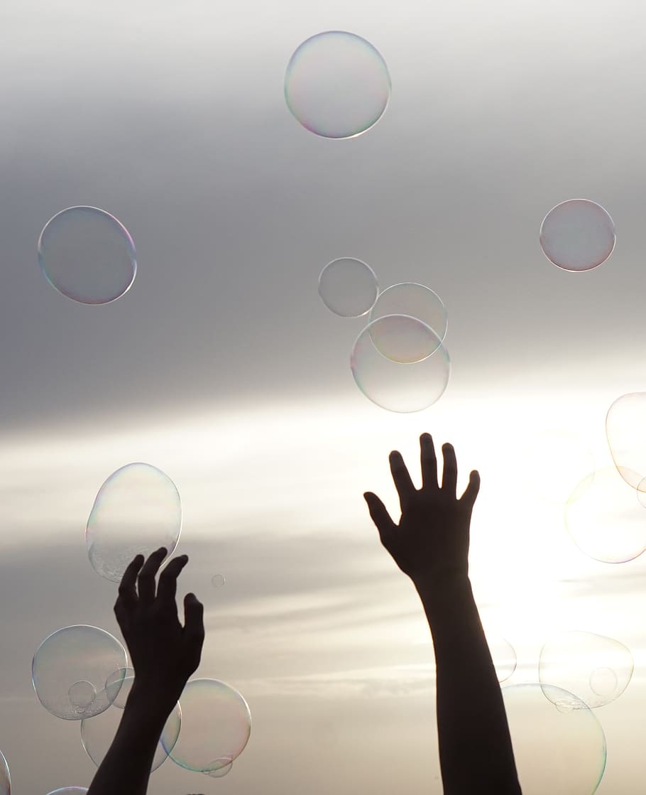 bubble, finger, sky, human, person, reaching high, touching
