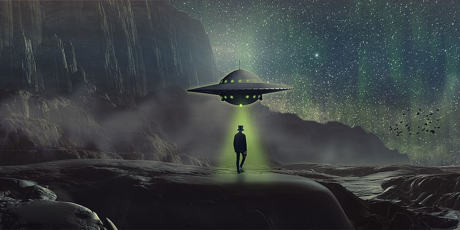 manipulation, ufo, landscape, fog, northern light, birds, one person HD wallpaper