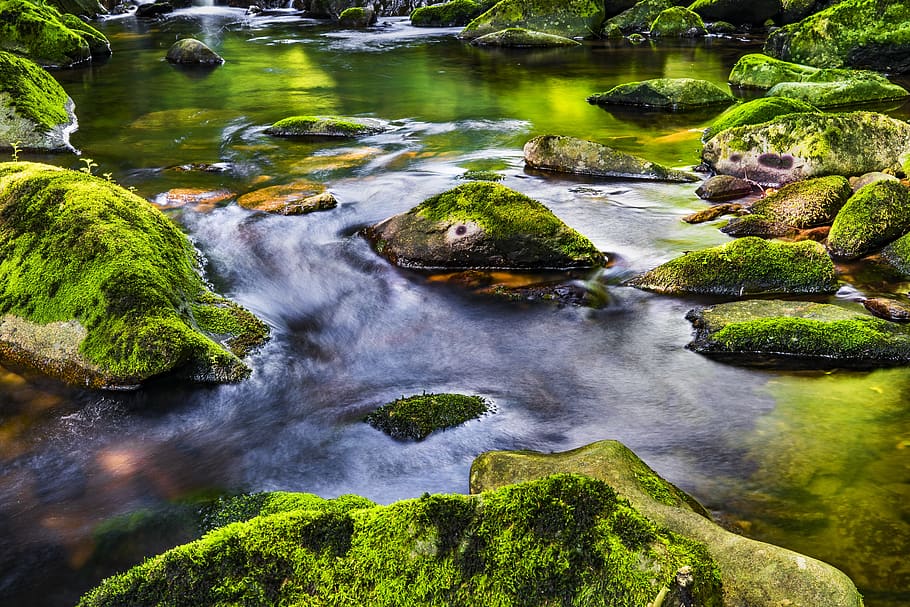 Body of Water With Rocks, background, daytime, environment, flow HD wallpaper