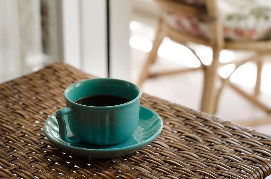 Blue Coffee Cup With Saucer Filled With Coffee on Top of Wicker Table HD wallpaper
