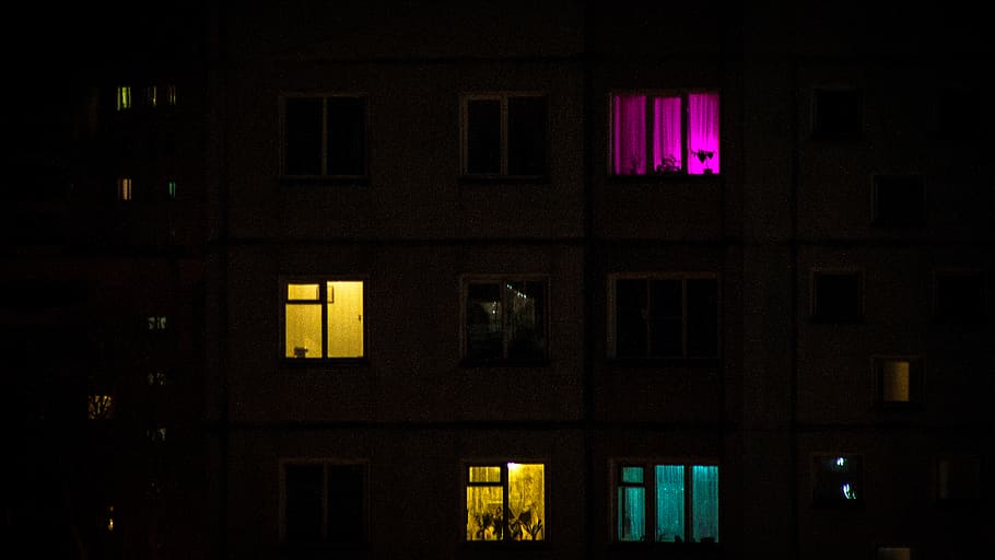 building with lights turned on during nighttime, home decor, window, HD wallpaper