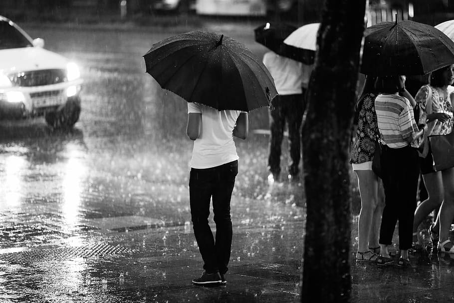 grayscale photography of people standing on road during rainy season, HD wallpaper