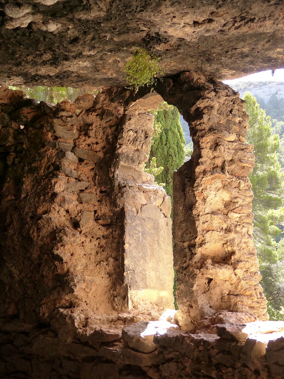 cave, hermitage, window, rock, landscape, ruins, history, architecture HD wallpaper