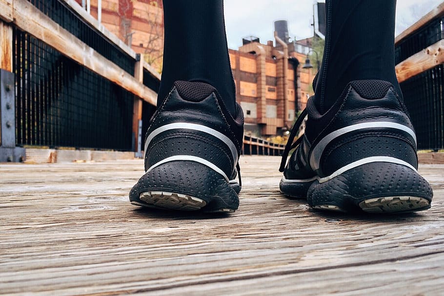 Person Wearing Black Running Shoes, athlete, blur, city, classic, HD wallpaper