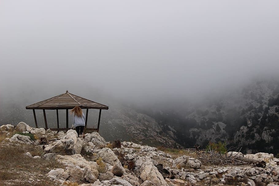 greece, parnitha, rocks, forest, foggy, girl, wild, landscape HD wallpaper