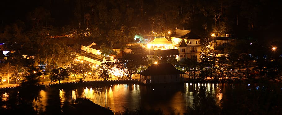 sri lanka, kandy, lake, night, water, illuminated, building exterior