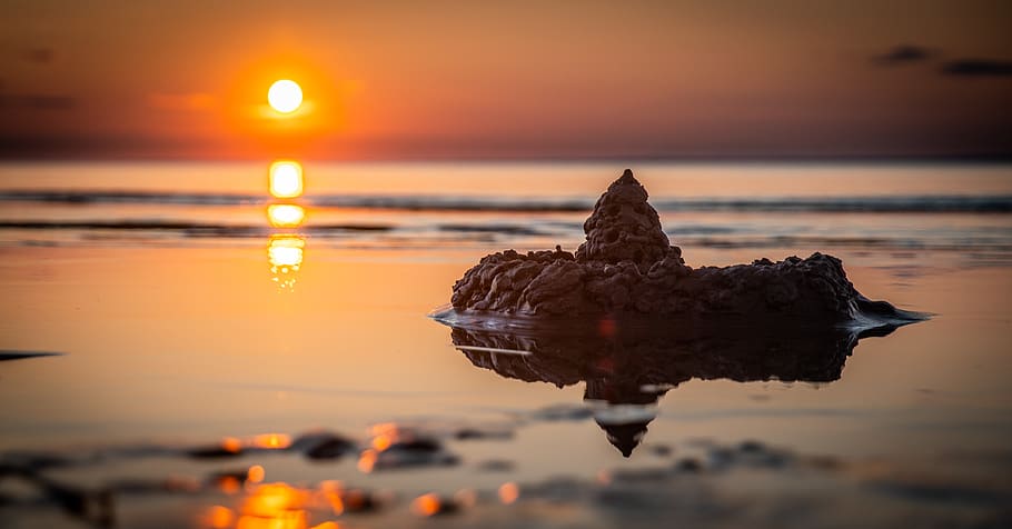 Sand Castle on Seashore during Golden Hour, beach, dawn, evening HD wallpaper