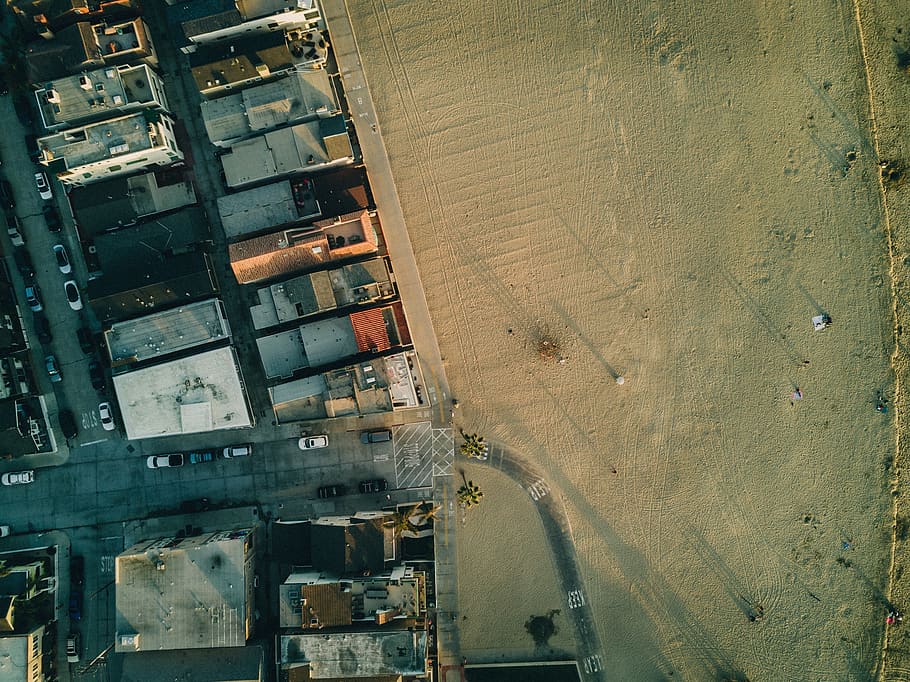 aerial, view, rooftops, buildings, road, street, car, vehicle HD wallpaper