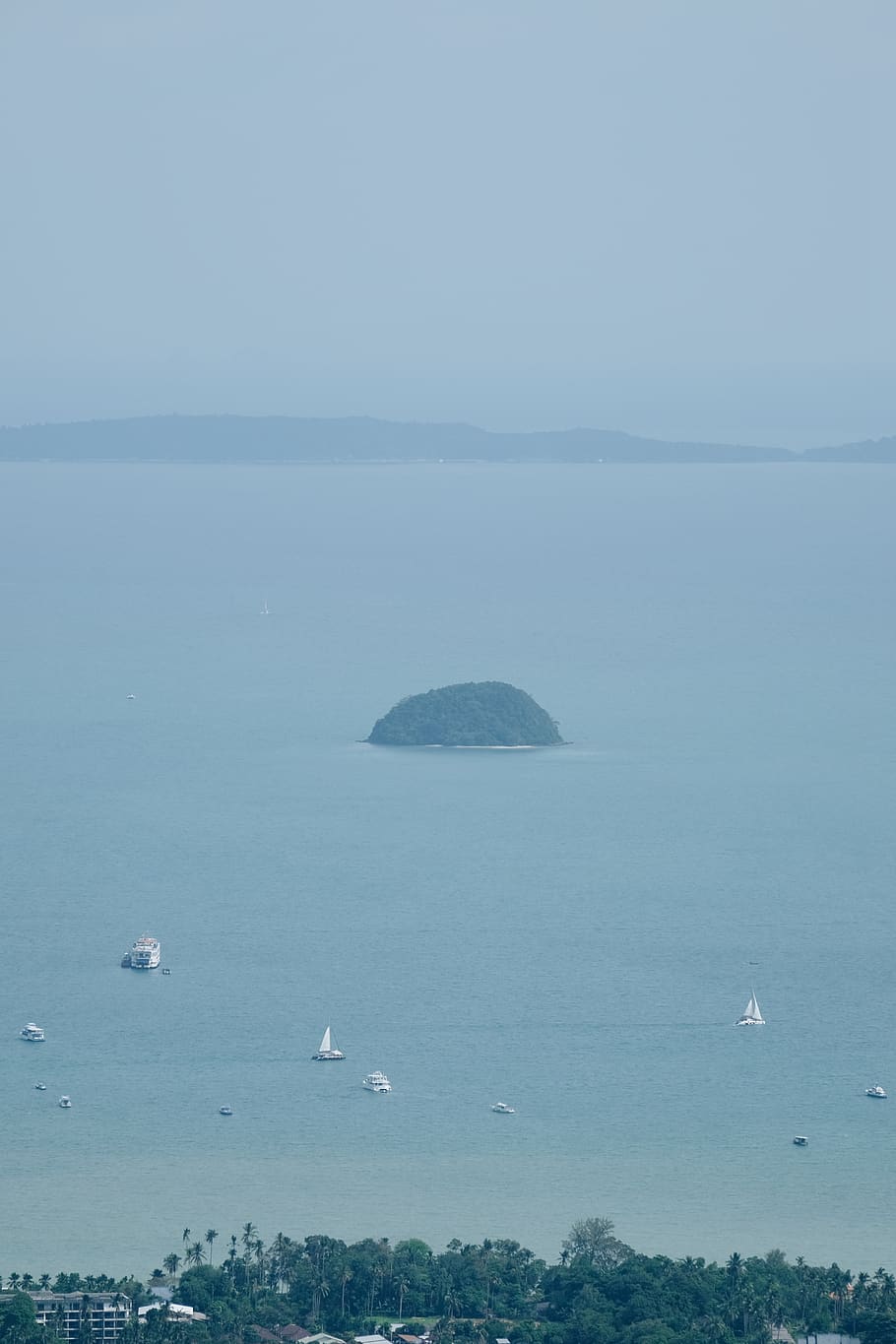 blue, minimal, mobile, harbor, bay, tree, boat, island, sea HD wallpaper
