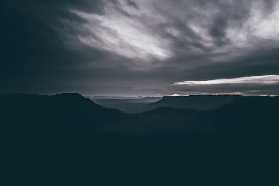 mountain, cloud, moody, valley, overcast, dark, black, silhouette, HD wallpaper