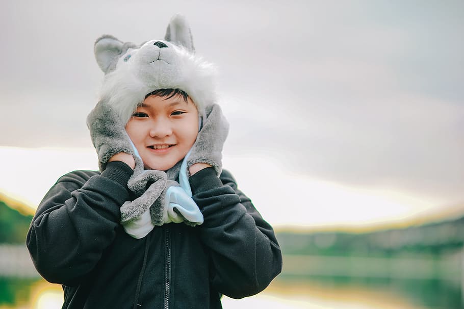 Boy Wearing Gray Dog Critter Hat, blurred background, child, cold HD wallpaper