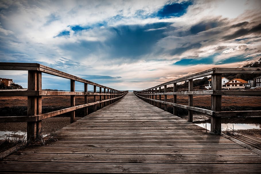Brown Wooden Dock, beach, boardwalk, bridge, clouds, dawn, evening HD wallpaper