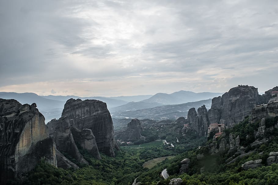 gray rock formation, cliff, mountain, greece, meteora, nature HD wallpaper