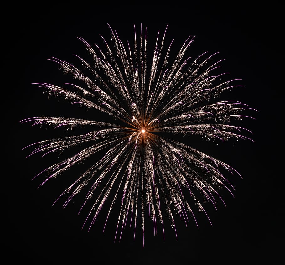 fireworks display, explosion, dark, sky, night, orange, purple HD wallpaper