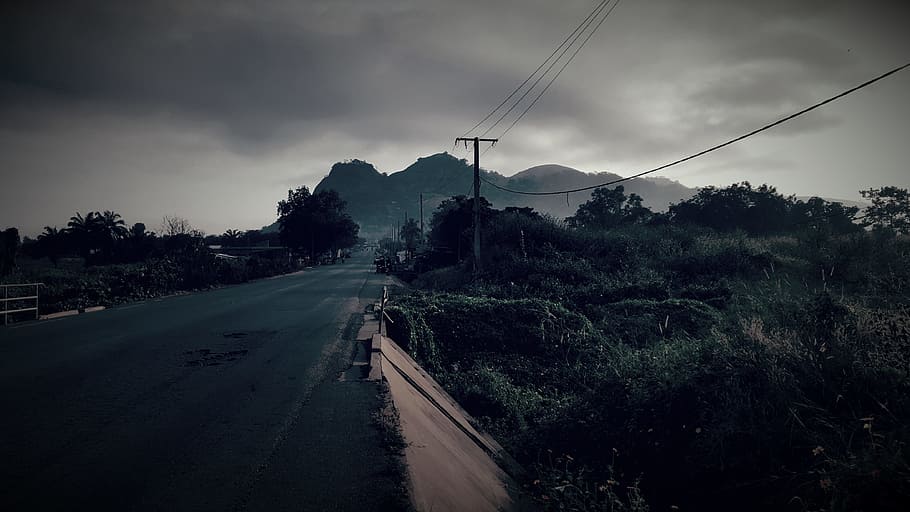 Gray Concrete Road Surrounded by Trees, cable wires, clouds, dark HD wallpaper