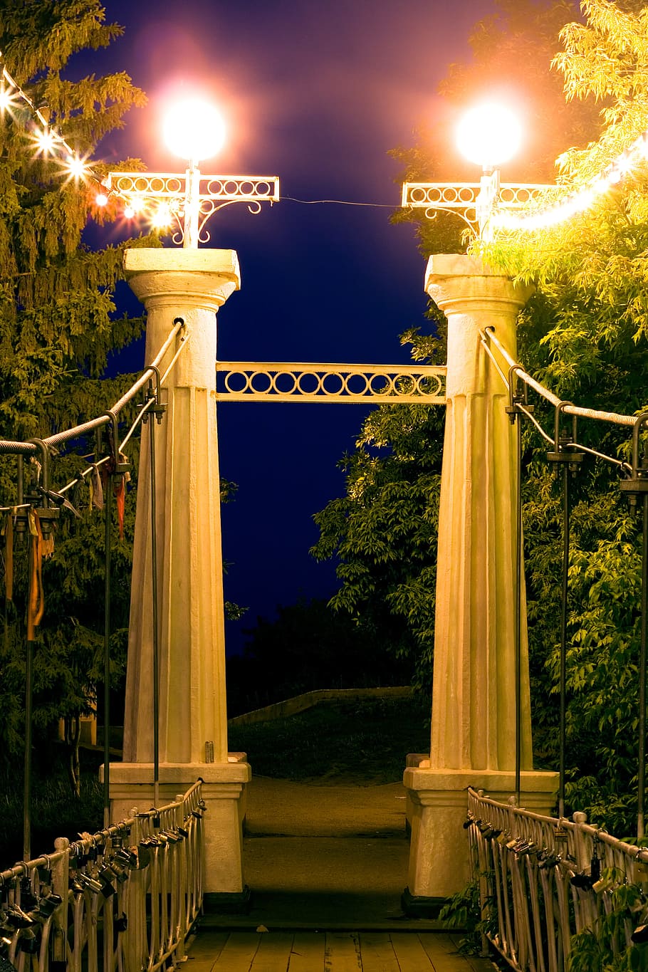 bridge, column, evening, illuminated, light, night, old, park HD wallpaper