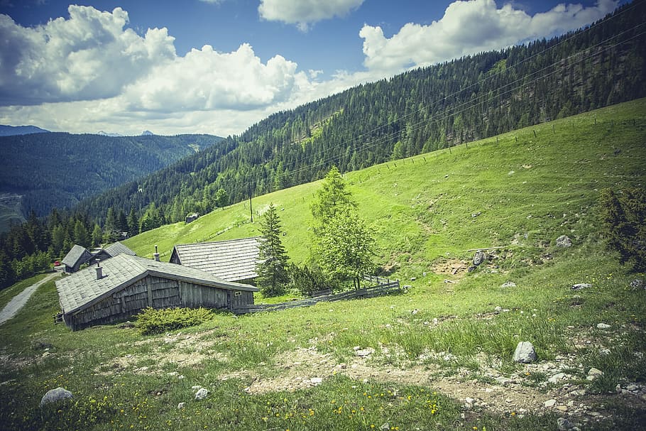Grey Shed Surrounded by Green Grass during Daytime, clouds, hill HD wallpaper