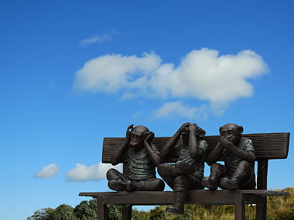 Three Wise Monkey Decor, architecture, art, artwork, bench, carvings HD wallpaper