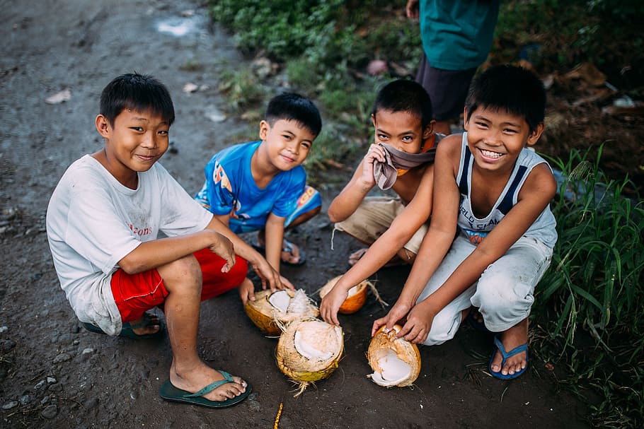 Four Boys Holding Coconut Shell, children, coconuts, cute, face HD wallpaper