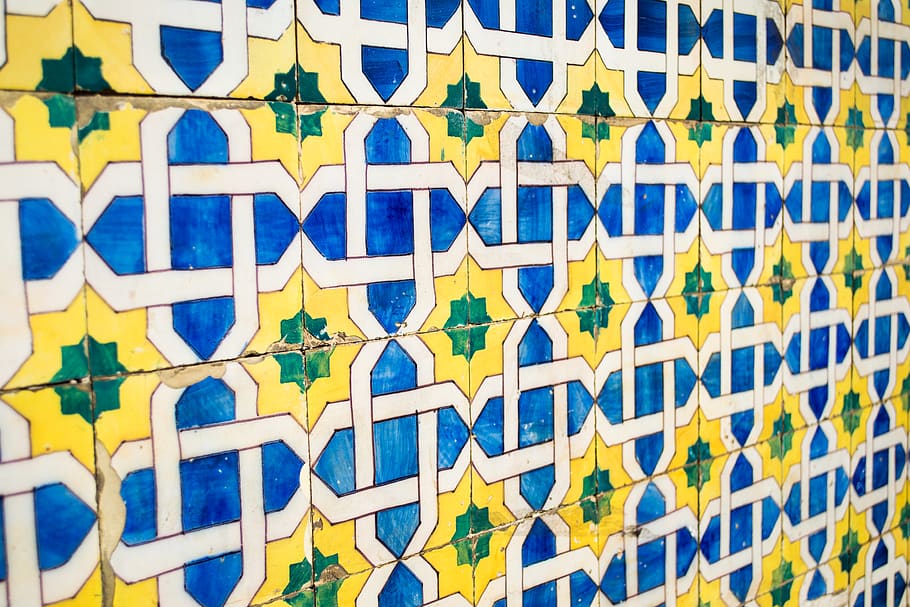 pattern, flower, blue, yellow, mosaic, old, vintage, art, handcrafted HD wallpaper