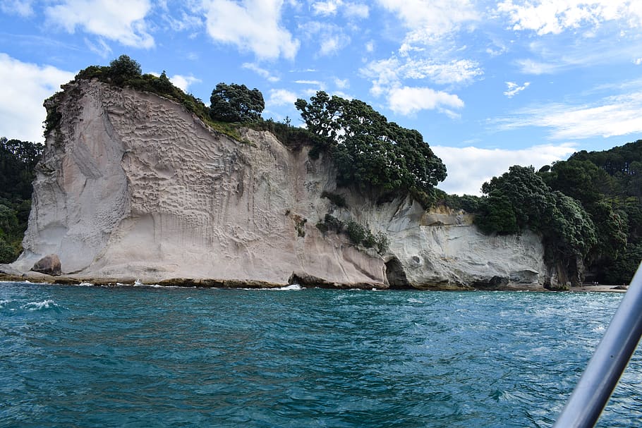 narnia, trees, caves, summer, water, ocean, new zealand, sky HD wallpaper