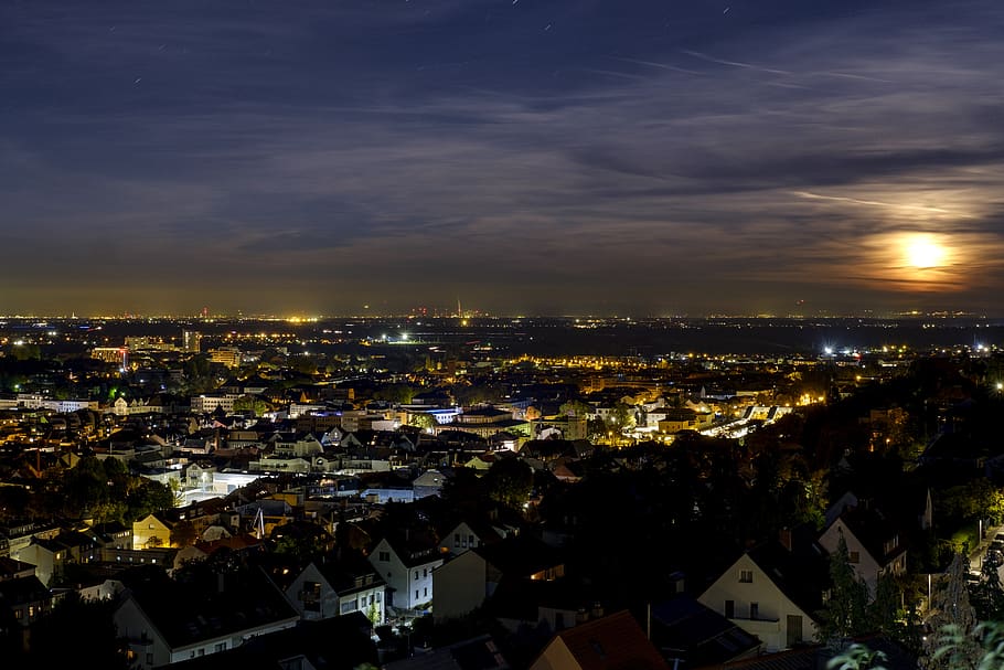 city, building, lights, night, twilight, sky, moon, clouds HD wallpaper