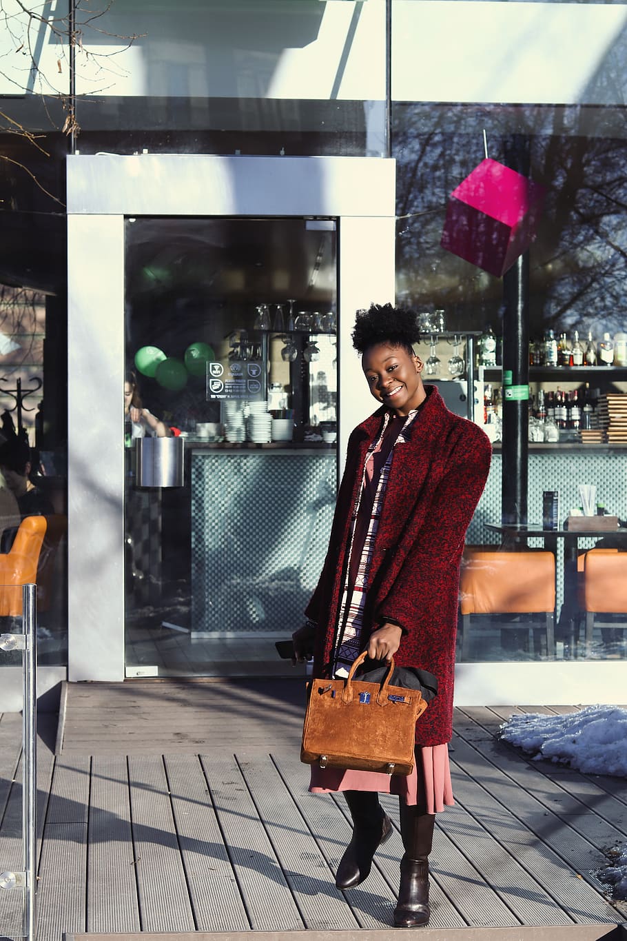 Woman Carrying Tote Bag, beautiful, brown, city, coat, commerce, HD wallpaper