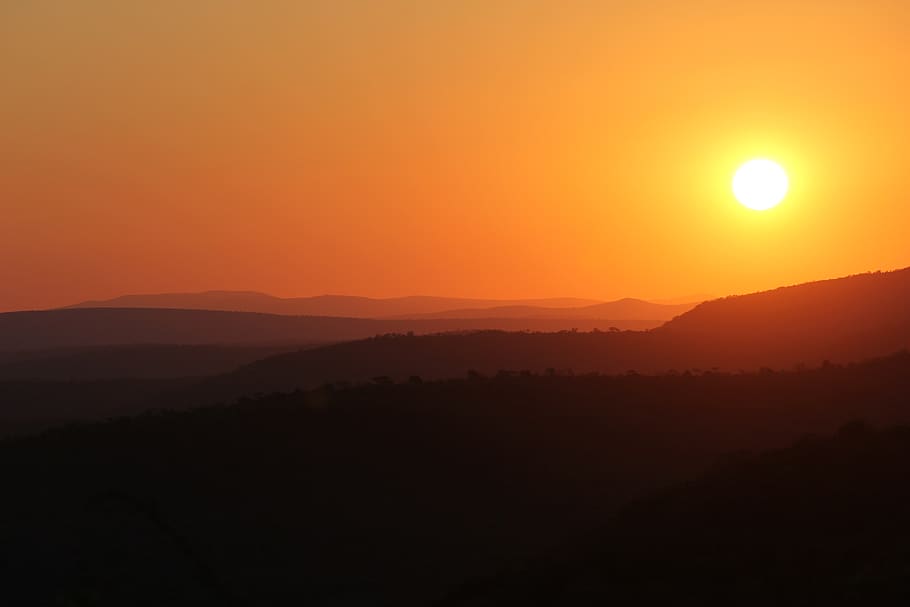 africa, sunset, trees, mountains, hills, warm, orange, colors HD wallpaper
