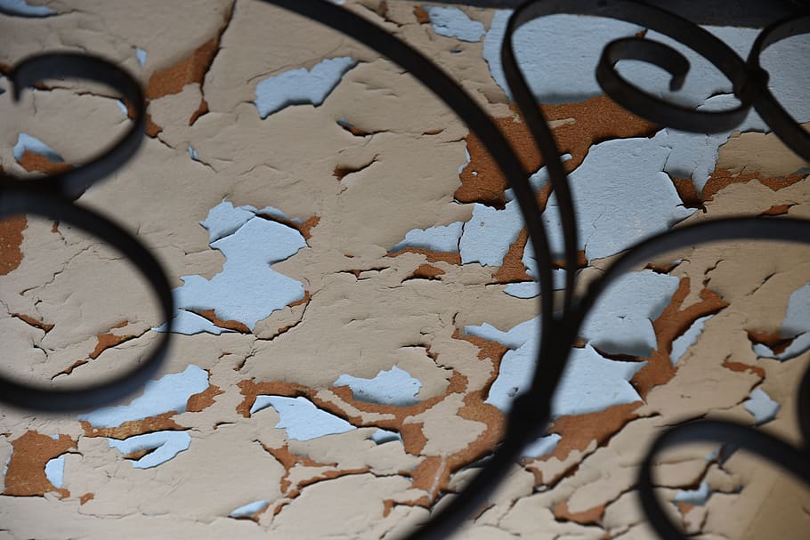 rust, wall, wrought iron, peeling paint, cracked paint, hole