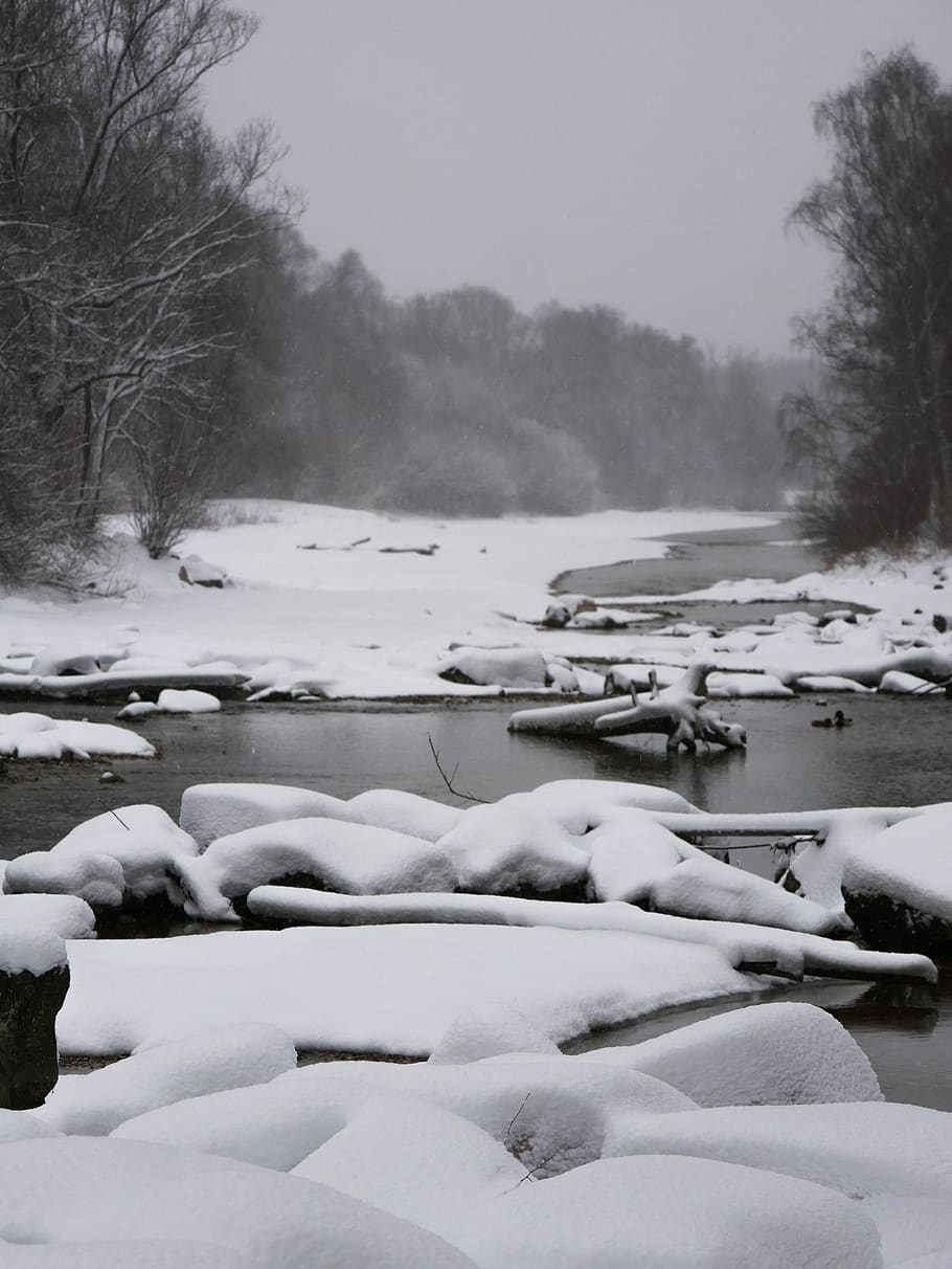 winter, isar, munich, snow, wintry, nature, cold temperature HD wallpaper