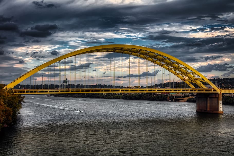 bridge, cincinnati, ohio, sunset, dusk, sky, clouds, ohio river, HD wallpaper