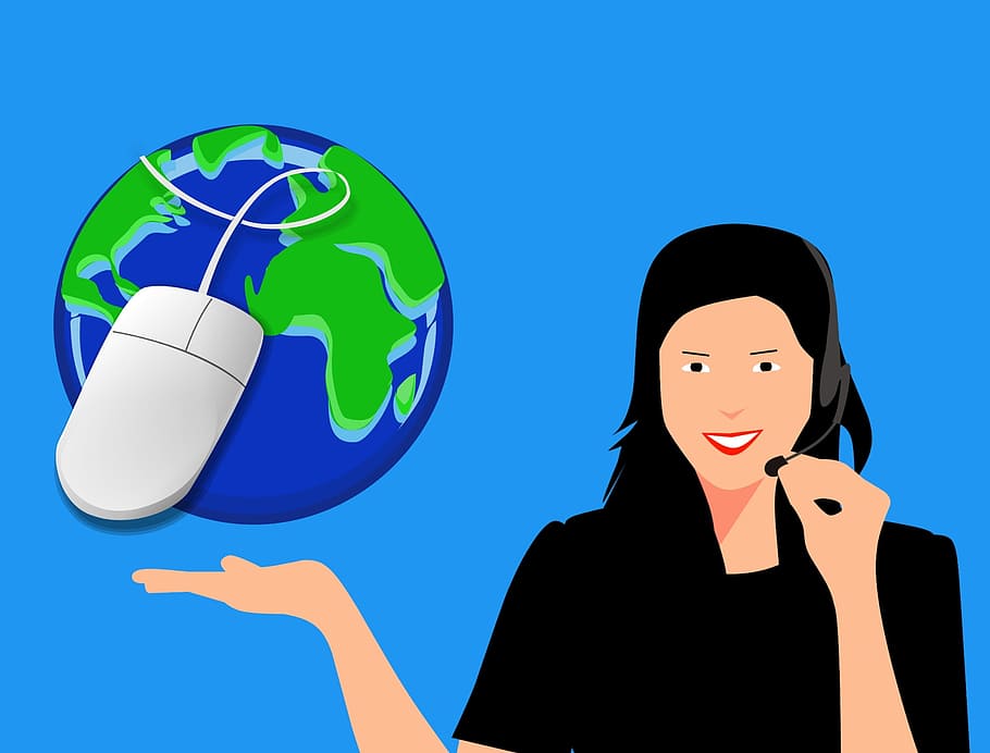 Information technology drives global communication - illustration of woman in headset with globe.