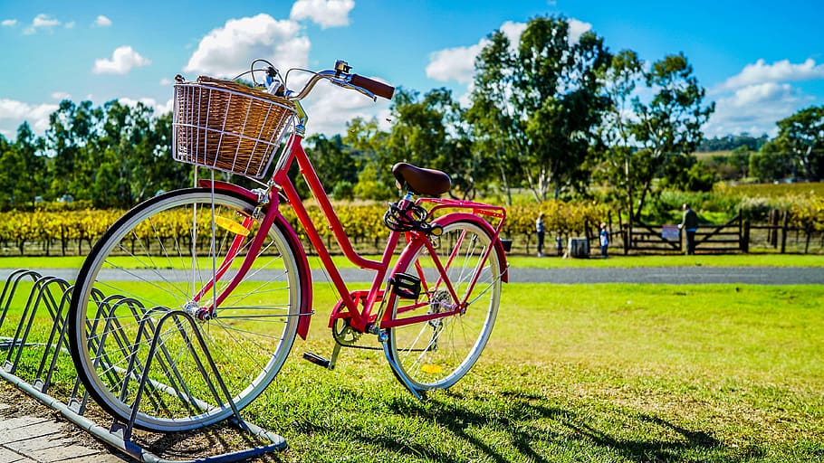 Red Cruiser Bike Parked On Metal Bike Stand, bicycle, daylight HD wallpaper