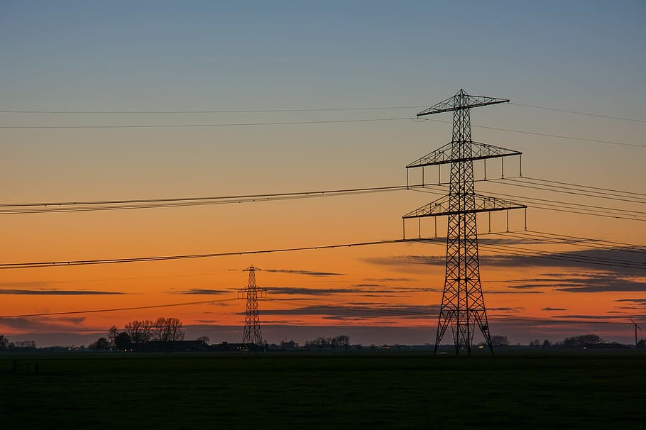 tower, pole, electricity, current, sunset, fuel and power generation HD wallpaper