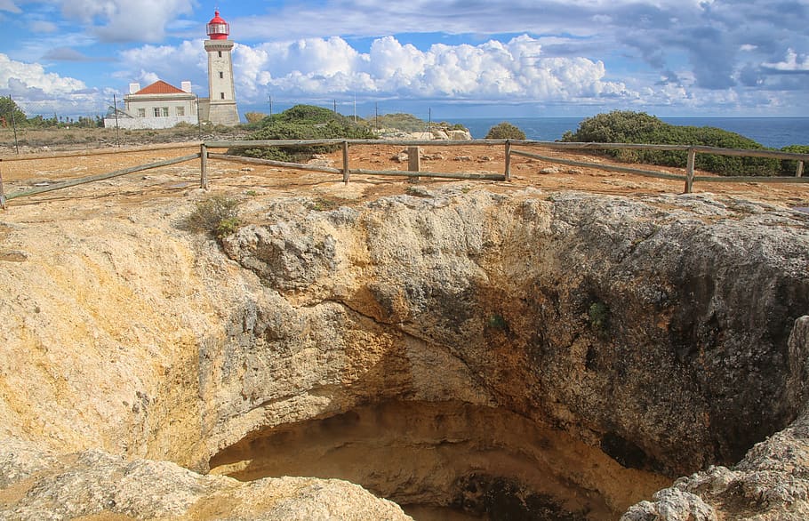 lighthouse, sea, ocean, side, sky, landscape, nature, clouds HD wallpaper